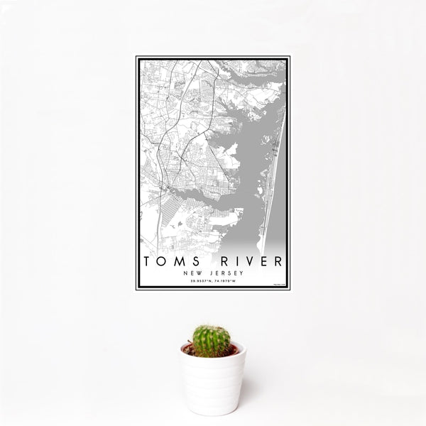 12x18 Toms River New Jersey Map Print Portrait Orientation in Classic Style With Small Cactus Plant in White Planter
