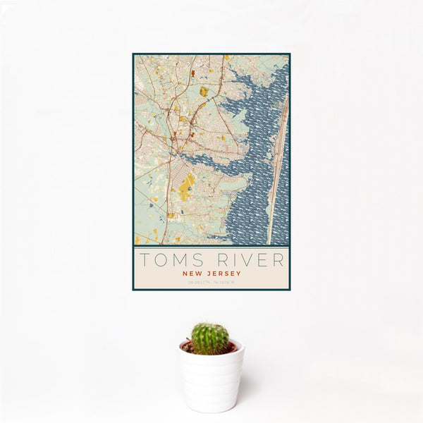 12x18 Toms River New Jersey Map Print Portrait Orientation in Woodblock Style With Small Cactus Plant in White Planter