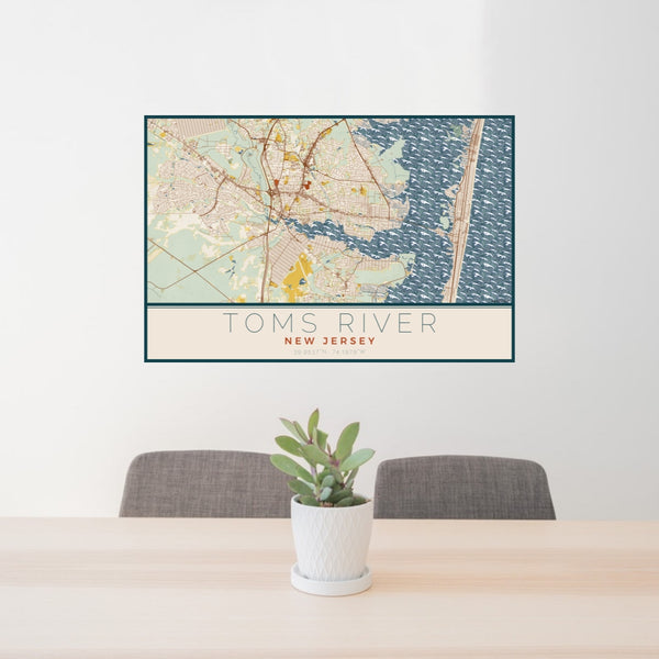 24x36 Toms River New Jersey Map Print Lanscape Orientation in Woodblock Style Behind 2 Chairs Table and Potted Plant