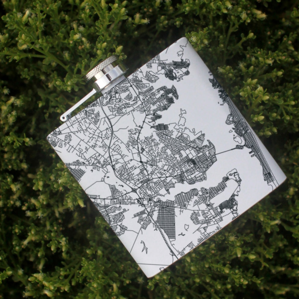 Toms River New Jersey Custom Engraved City Map Inscription Coordinates on 6oz Stainless Steel Flask in White