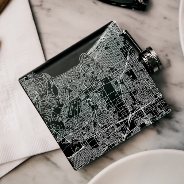 Torrance California Custom Engraved City Map Inscription Coordinates on 6oz Stainless Steel Flask in Black