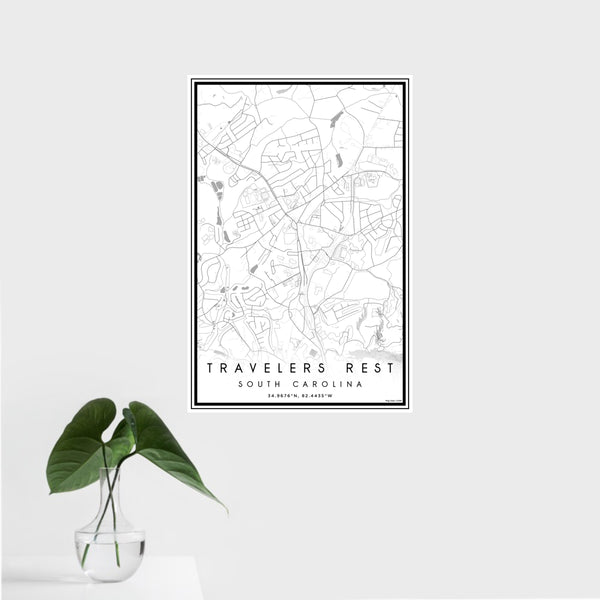 16x24 Travelers Rest South Carolina Map Print Portrait Orientation in Classic Style With Tropical Plant Leaves in Water