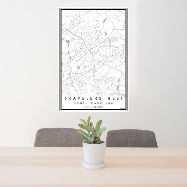 24x36 Travelers Rest South Carolina Map Print Portrait Orientation in Classic Style Behind 2 Chairs Table and Potted Plant