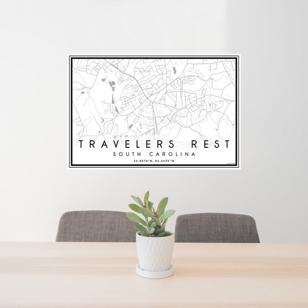 24x36 Travelers Rest South Carolina Map Print Landscape Orientation in Classic Style Behind 2 Chairs Table and Potted Plant