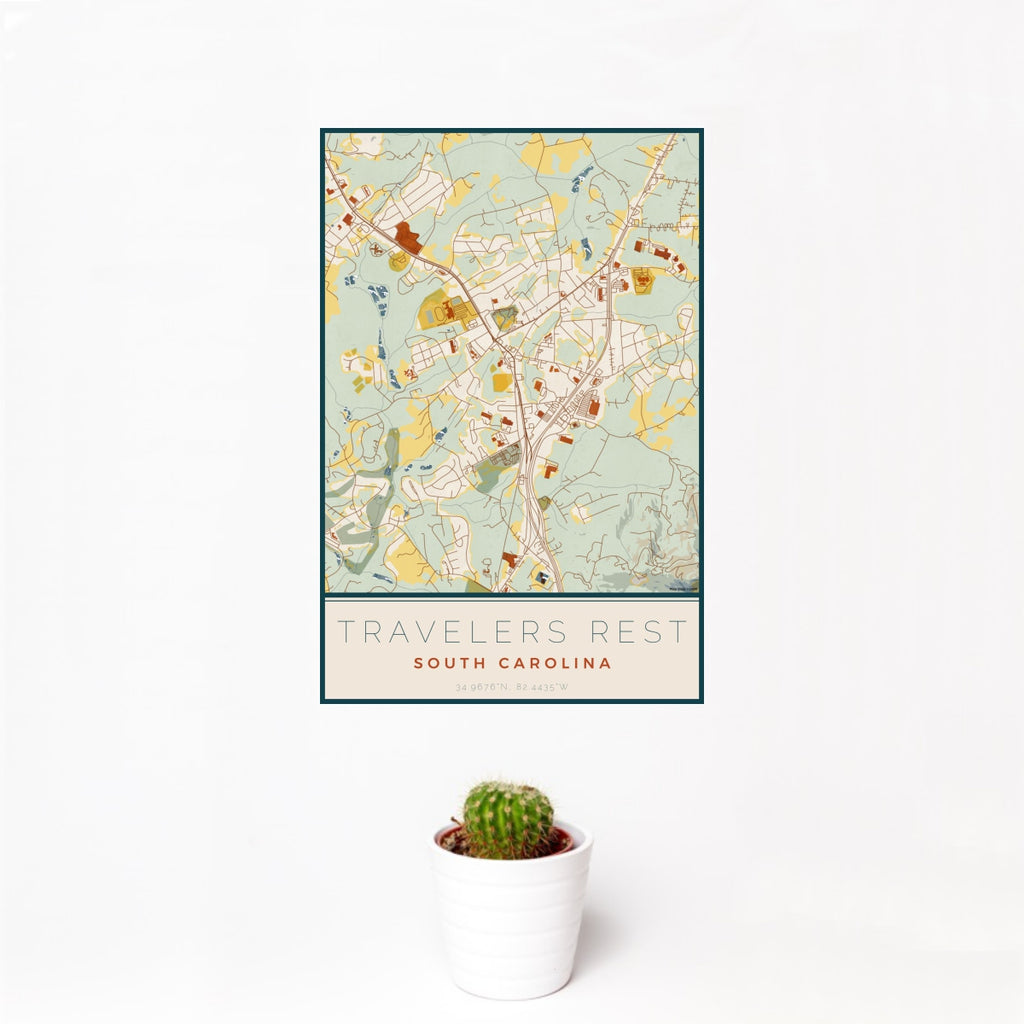 12x18 Travelers Rest South Carolina Map Print Portrait Orientation in Woodblock Style With Small Cactus Plant in White Planter