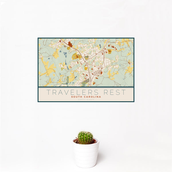 12x18 Travelers Rest South Carolina Map Print Landscape Orientation in Woodblock Style With Small Cactus Plant in White Planter