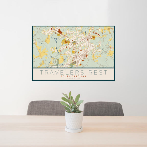 24x36 Travelers Rest South Carolina Map Print Landscape Orientation in Woodblock Style Behind 2 Chairs Table and Potted Plant