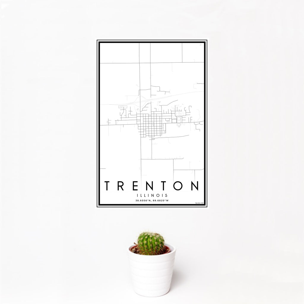 12x18 Trenton Illinois Map Print Portrait Orientation in Classic Style With Small Cactus Plant in White Planter