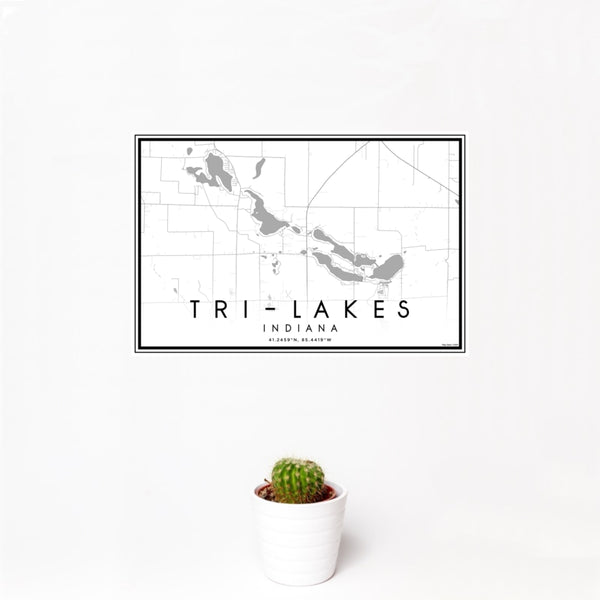 12x18 Tri-Lakes Indiana Map Print Landscape Orientation in Classic Style With Small Cactus Plant in White Planter