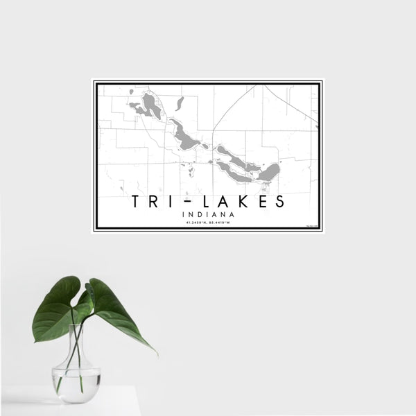 16x24 Tri-Lakes Indiana Map Print Landscape Orientation in Classic Style With Tropical Plant Leaves in Water