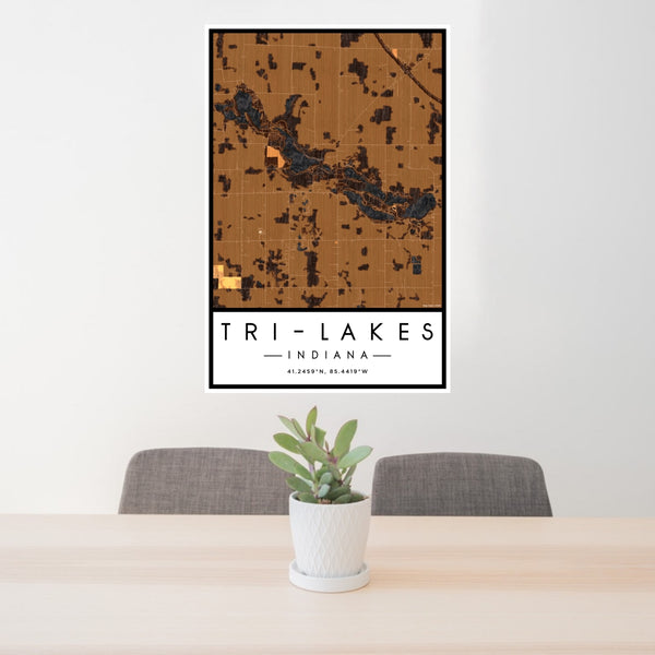 24x36 Tri-Lakes Indiana Map Print Portrait Orientation in Ember Style Behind 2 Chairs Table and Potted Plant
