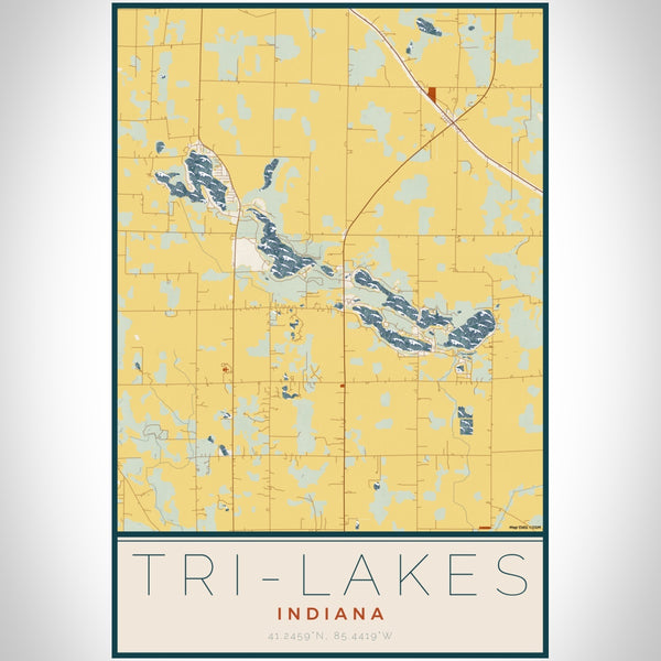 Tri-Lakes Indiana Map Print Portrait Orientation in Woodblock Style With Shaded Background