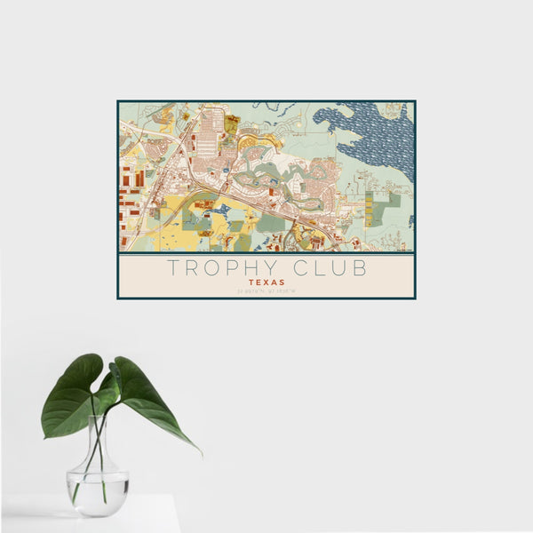 16x24 Trophy Club Texas Map Print Landscape Orientation in Woodblock Style With Tropical Plant Leaves in Water