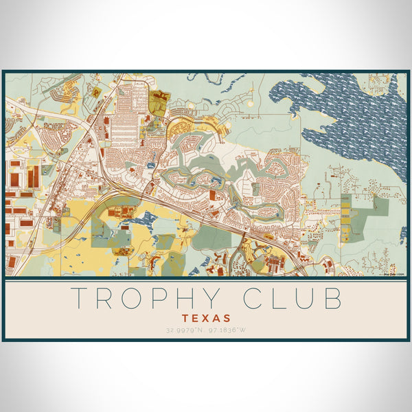 Trophy Club Texas Map Print Landscape Orientation in Woodblock Style With Shaded Background