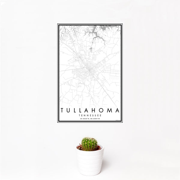 12x18 Tullahoma Tennessee Map Print Portrait Orientation in Classic Style With Small Cactus Plant in White Planter
