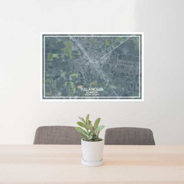 24x36 Tullahoma Tennessee Map Print Lanscape Orientation in Afternoon Style Behind 2 Chairs Table and Potted Plant