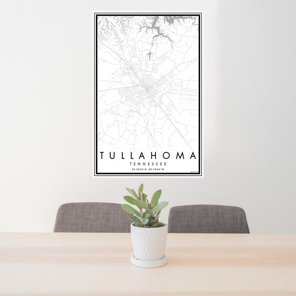 24x36 Tullahoma Tennessee Map Print Portrait Orientation in Classic Style Behind 2 Chairs Table and Potted Plant