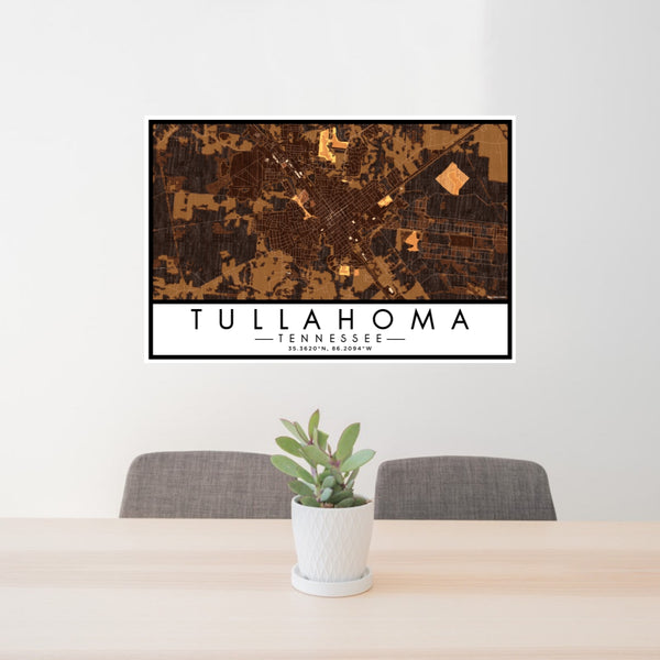24x36 Tullahoma Tennessee Map Print Lanscape Orientation in Ember Style Behind 2 Chairs Table and Potted Plant
