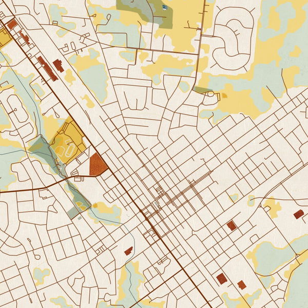Tullahoma Tennessee Map Print in Woodblock Style Zoomed In Close Up Showing Details