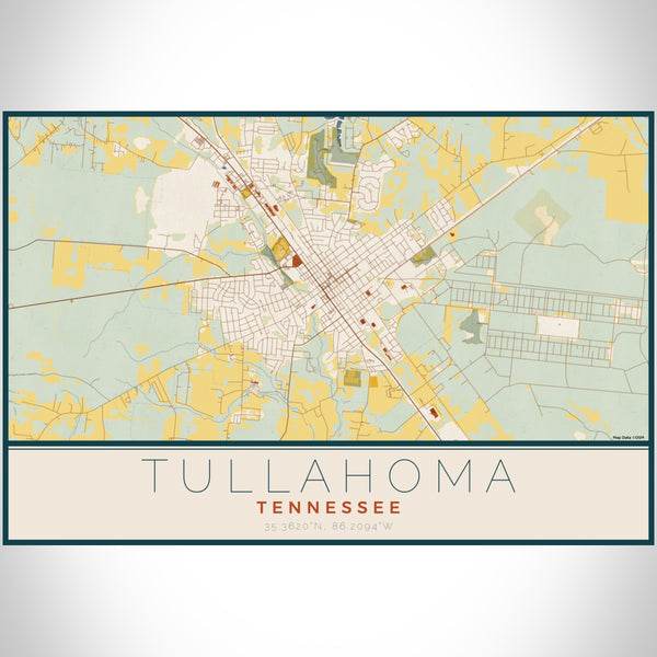 Tullahoma Tennessee Map Print Landscape Orientation in Woodblock Style With Shaded Background