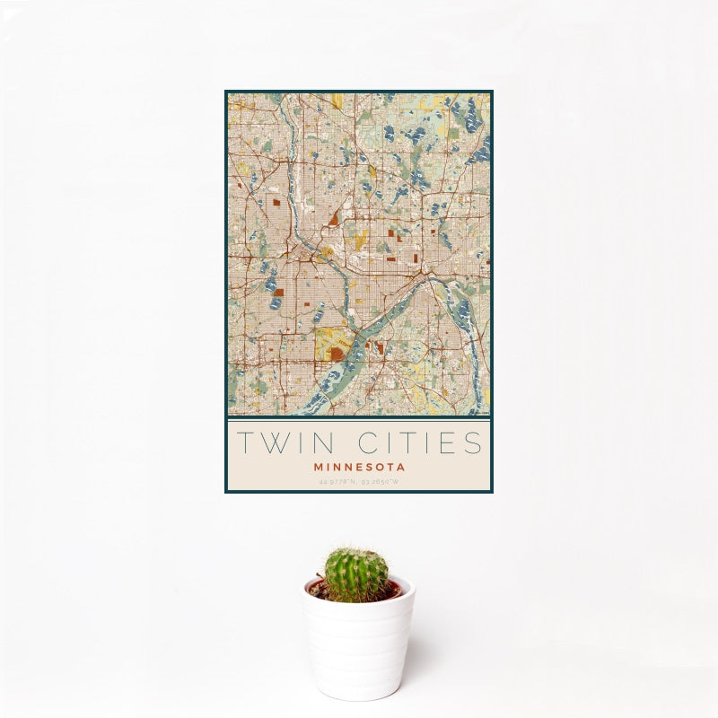 Twin Cities - Minnesota Map Print in Woodblock