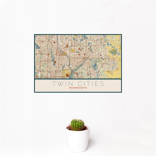 Twin Cities - Minnesota Map Print in Woodblock