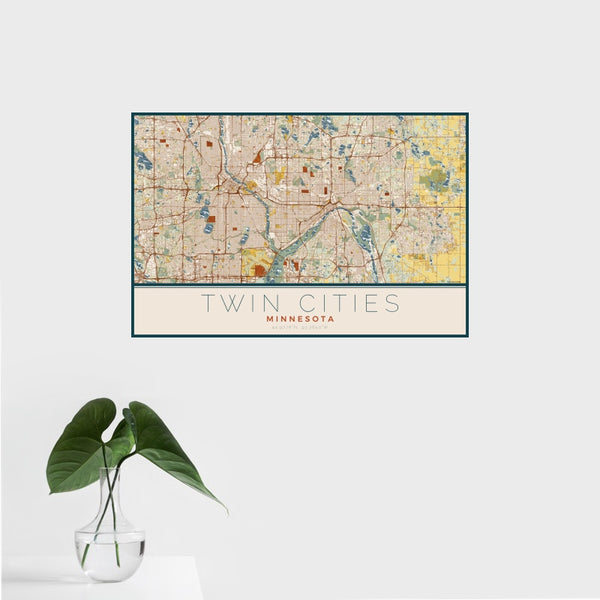 Twin Cities - Minnesota Map Print in Woodblock