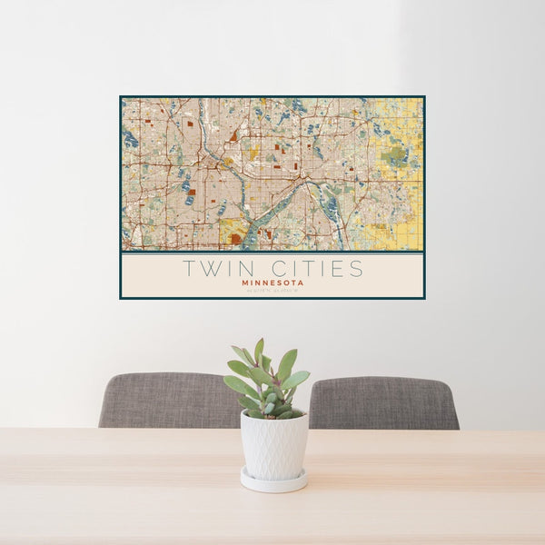 Twin Cities - Minnesota Map Print in Woodblock