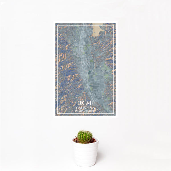 12x18 Ukiah California Map Print Portrait Orientation in Afternoon Style With Small Cactus Plant in White Planter