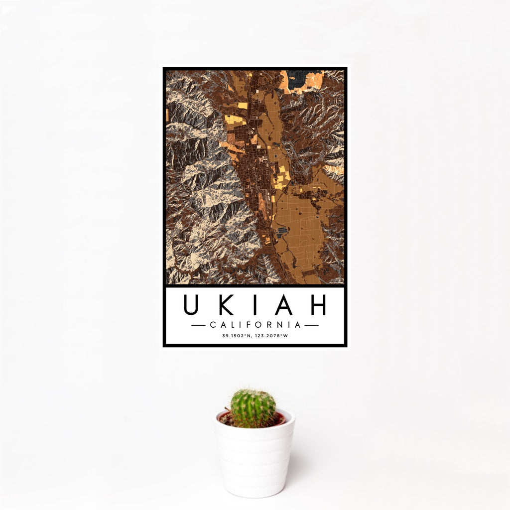 12x18 Ukiah California Map Print Portrait Orientation in Ember Style With Small Cactus Plant in White Planter