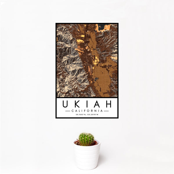 12x18 Ukiah California Map Print Portrait Orientation in Ember Style With Small Cactus Plant in White Planter