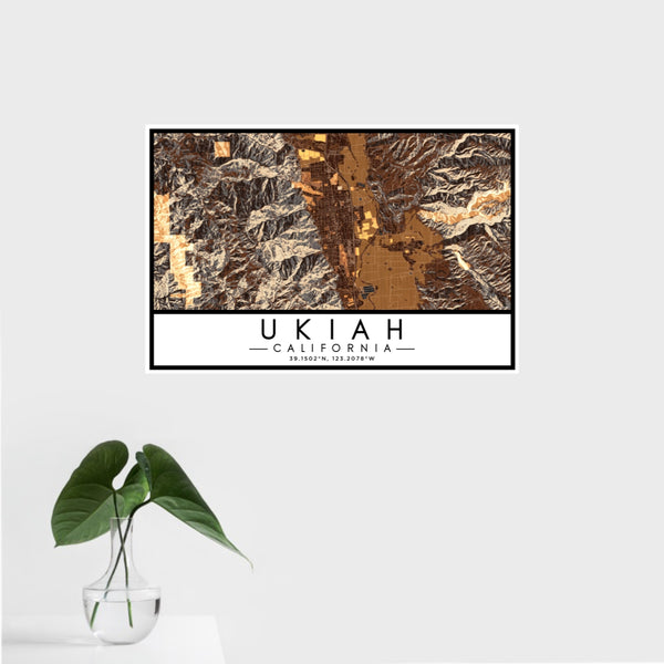 16x24 Ukiah California Map Print Landscape Orientation in Ember Style With Tropical Plant Leaves in Water