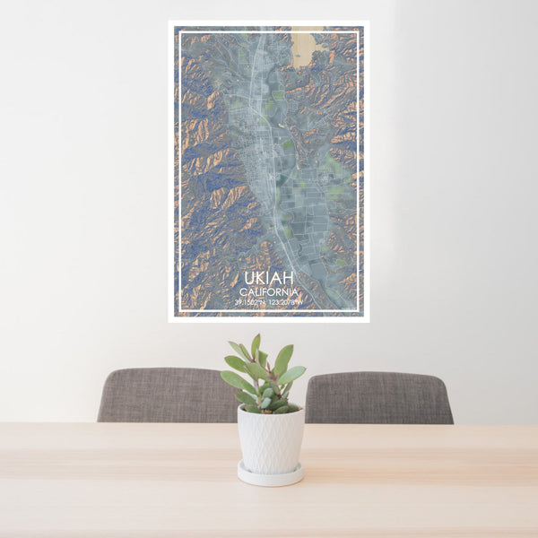24x36 Ukiah California Map Print Portrait Orientation in Afternoon Style Behind 2 Chairs Table and Potted Plant