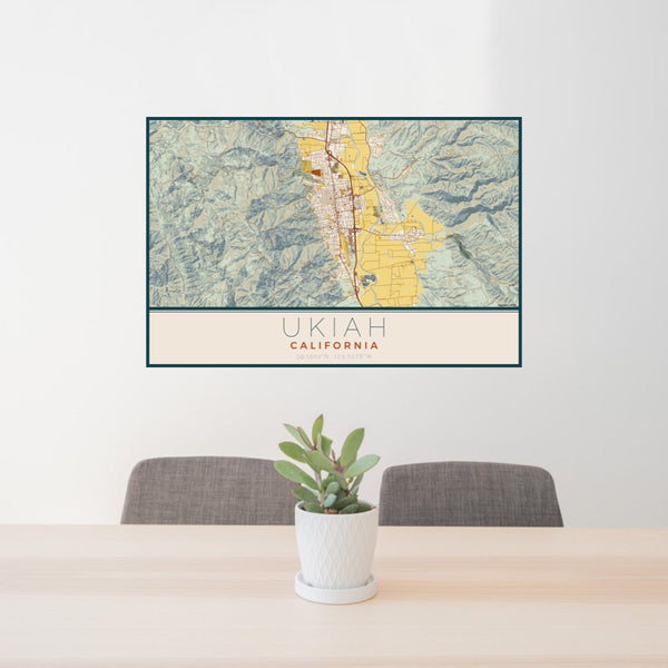 24x36 Ukiah California Map Print Lanscape Orientation in Woodblock Style Behind 2 Chairs Table and Potted Plant