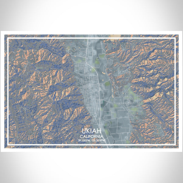 Ukiah California Map Print Landscape Orientation in Afternoon Style With Shaded Background