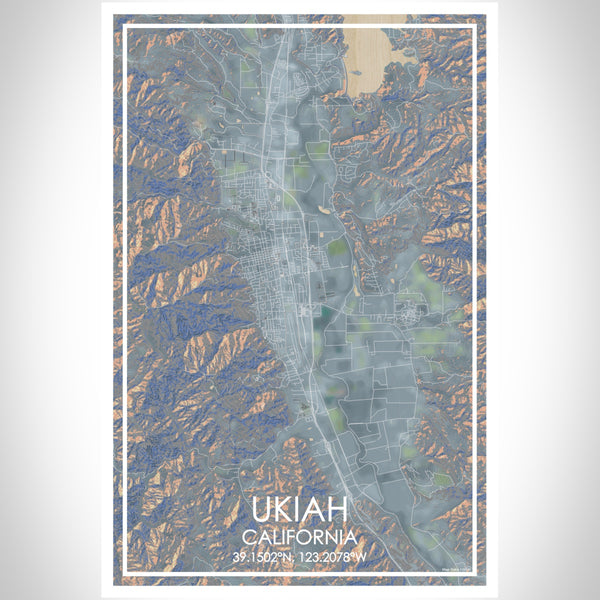 Ukiah California Map Print Portrait Orientation in Afternoon Style With Shaded Background