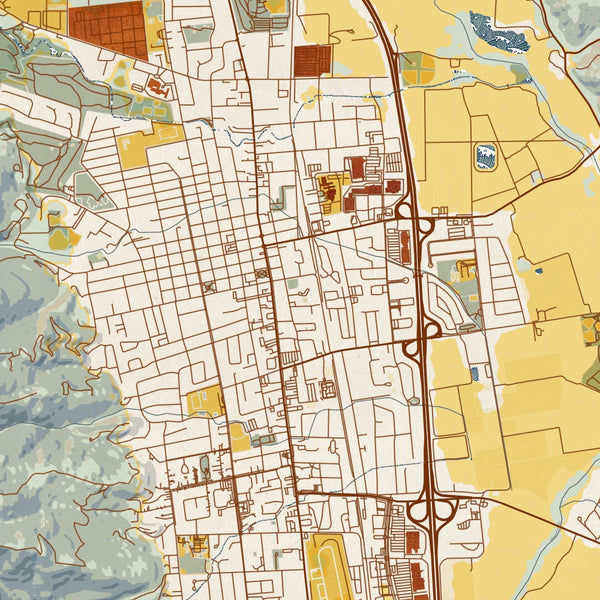 Ukiah California Map Print in Woodblock Style Zoomed In Close Up Showing Details