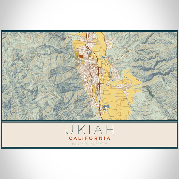 Ukiah California Map Print Landscape Orientation in Woodblock Style With Shaded Background