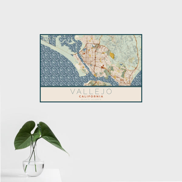 16x24 Vallejo California Map Print Landscape Orientation in Woodblock Style With Tropical Plant Leaves in Water