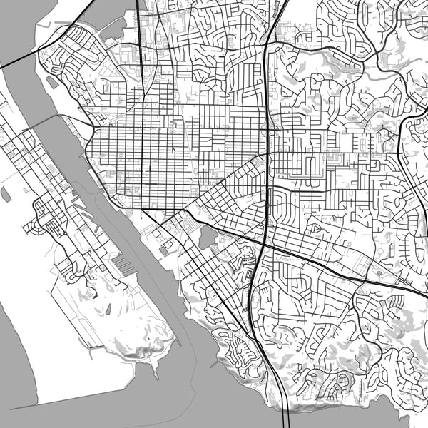 Vallejo California Map Print in Classic Style Zoomed In Close Up Showing Details