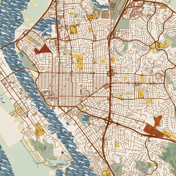 Vallejo California Map Print in Woodblock Style Zoomed In Close Up Showing Details