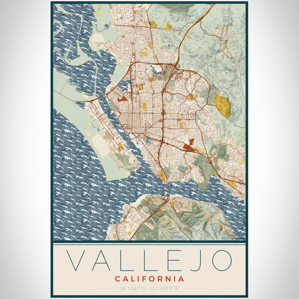 Vallejo California Map Print Portrait Orientation in Woodblock Style With Shaded Background