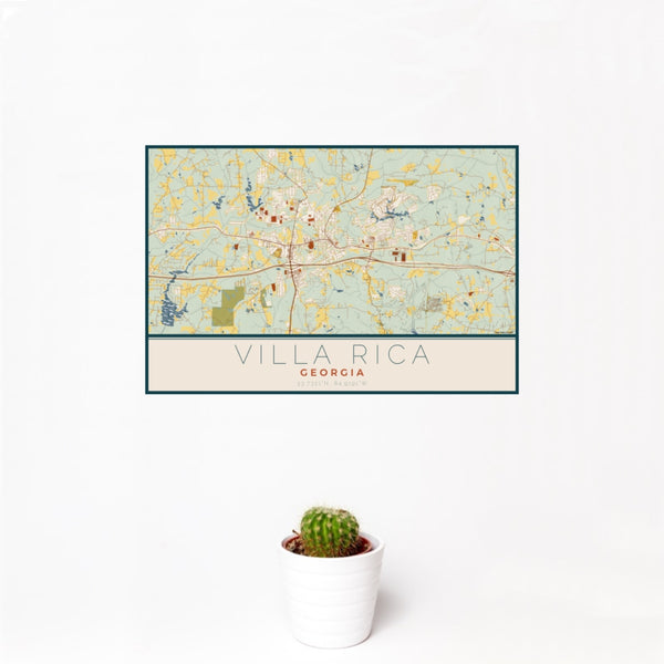 12x18 Villa Rica Georgia Map Print Landscape Orientation in Woodblock Style With Small Cactus Plant in White Planter