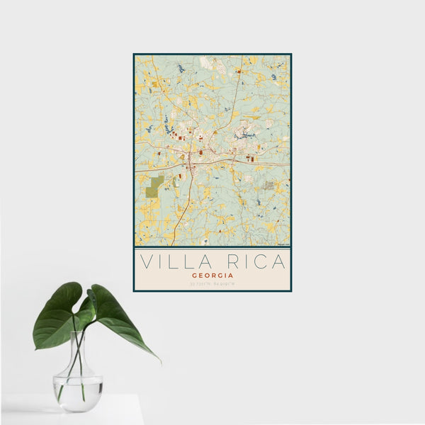16x24 Villa Rica Georgia Map Print Portrait Orientation in Woodblock Style With Tropical Plant Leaves in Water