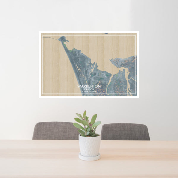 24x36 Warrenton Oregon Map Print Lanscape Orientation in Afternoon Style Behind 2 Chairs Table and Potted Plant