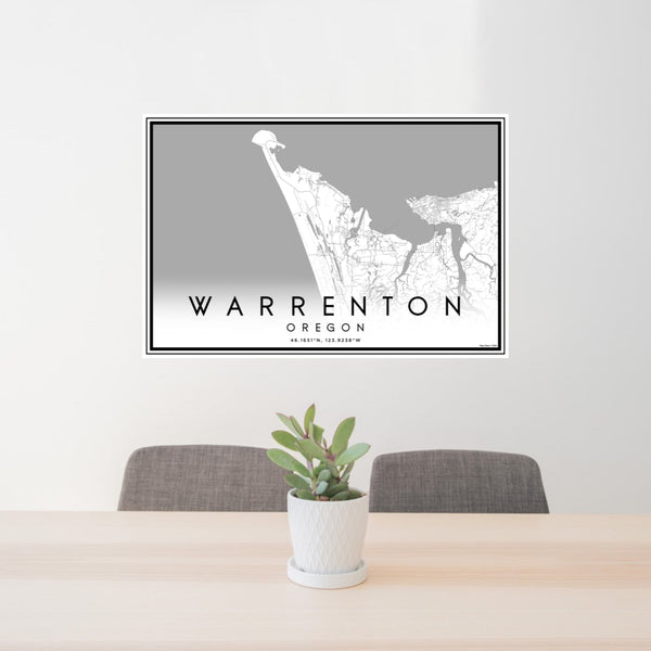 24x36 Warrenton Oregon Map Print Lanscape Orientation in Classic Style Behind 2 Chairs Table and Potted Plant
