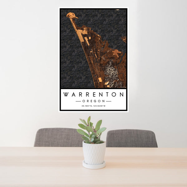 24x36 Warrenton Oregon Map Print Portrait Orientation in Ember Style Behind 2 Chairs Table and Potted Plant