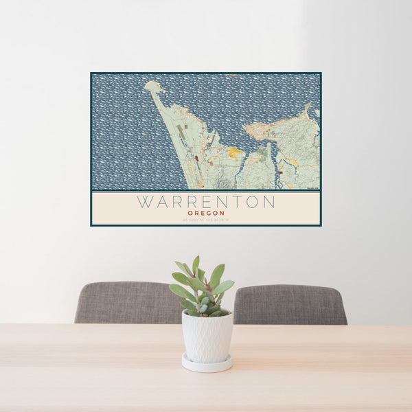 24x36 Warrenton Oregon Map Print Lanscape Orientation in Woodblock Style Behind 2 Chairs Table and Potted Plant