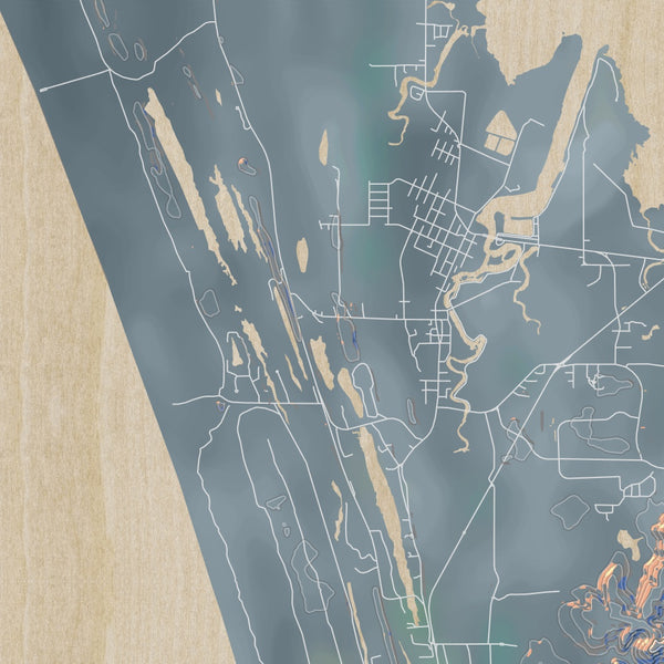 Warrenton Oregon Map Print in Afternoon Style Zoomed In Close Up Showing Details