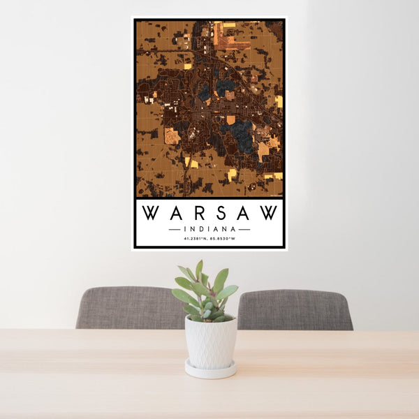 24x36 Warsaw Indiana Map Print Portrait Orientation in Ember Style Behind 2 Chairs Table and Potted Plant